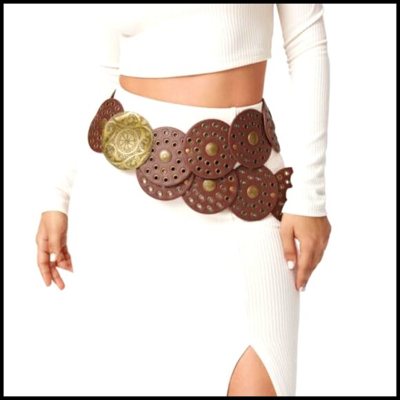 Vintage Western Wide Disc Belt Boho Concho Leather Adjustable Waist Belt